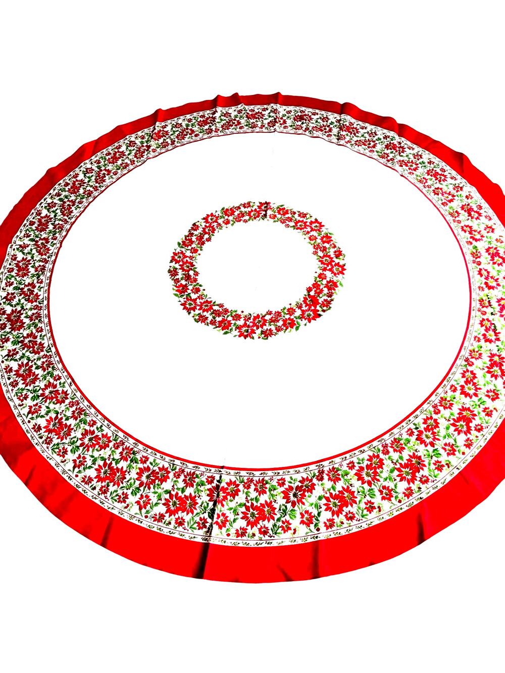 Christmas Holiday tablecloth 66" round polyester cotton poinsettias white & red